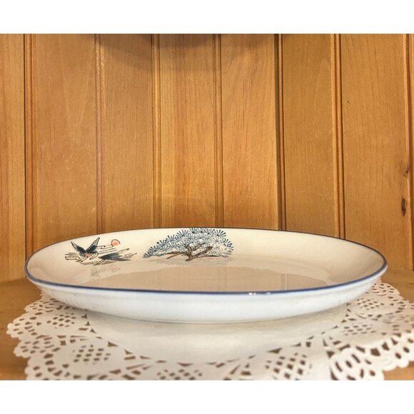 Vintage Porcelain Flying Cranes Oval Serving Dish Small Platter Blue White - Picture 5 of 5